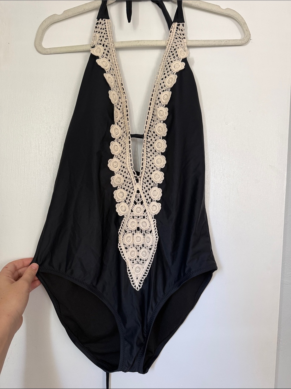 Kona Sol Black One-Piece Swimsuit with Cream Crochet Placket